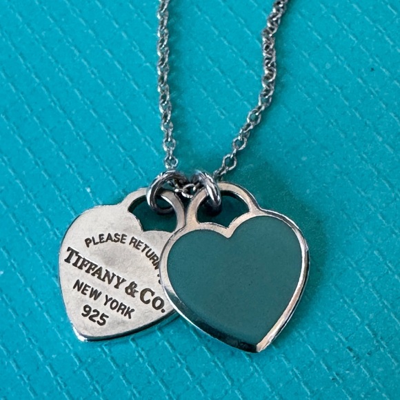 Tiffany & Co. Return to Double Heart Mini Blue Enamel Necklace 16 Inches - Picture 1 of 8